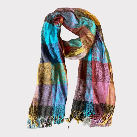 Pashmina Scarf Plaid Fringe Blue Pink Yellow Green  16" x 35" Rectangle - Picture 1 of 4